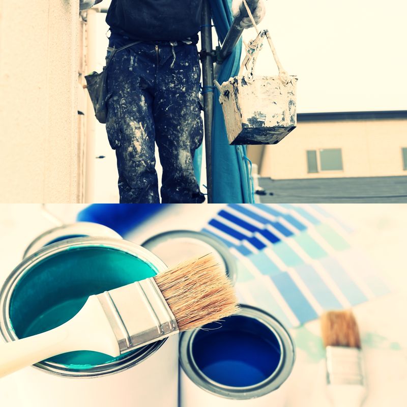 外壁塗装をする職人とペンキ缶